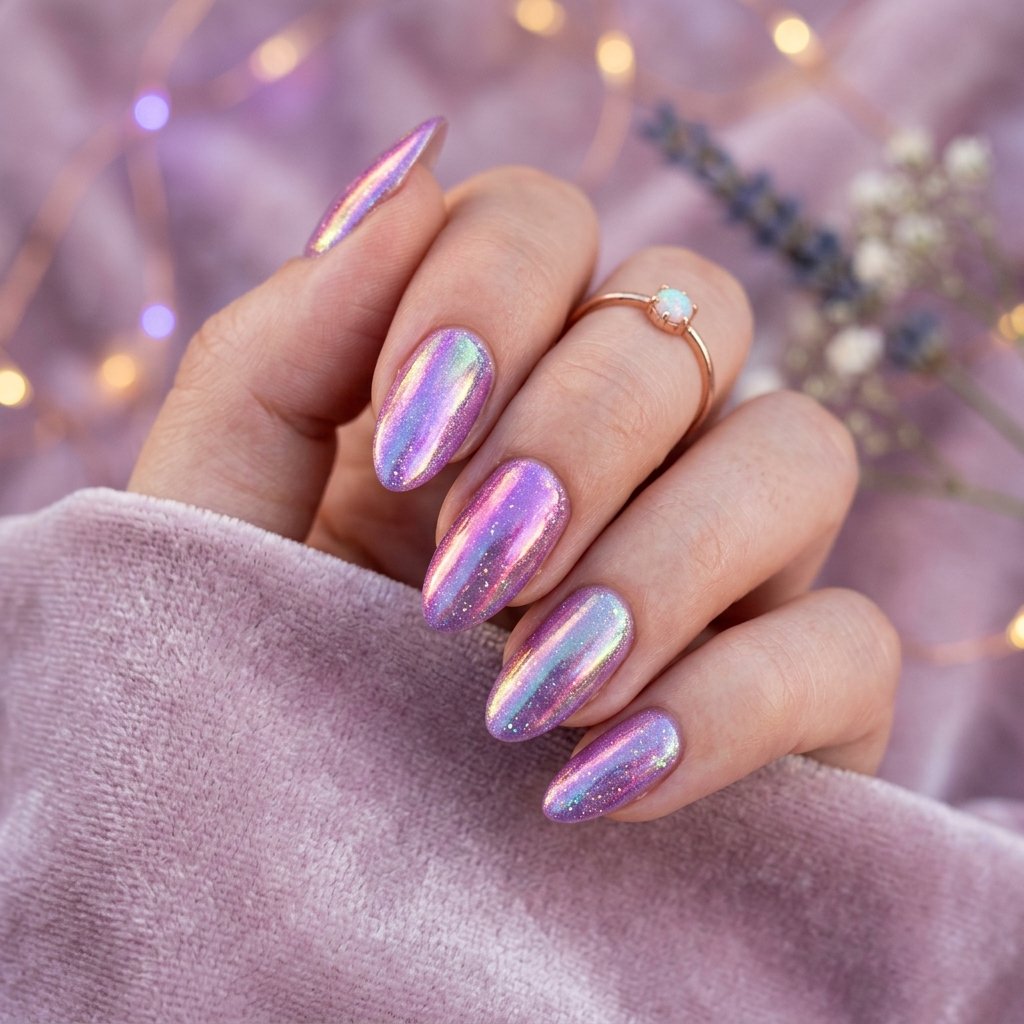 35 Gorgeous Chrome Christmas Nails Ideas to Try Now 21 Sugar Plum Fairy Iridescent Glow