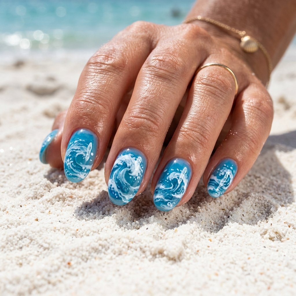 35 Stunning Light Blue Summer Nails Ideas for 2026 4 Glossy Ocean Wave Nail Art