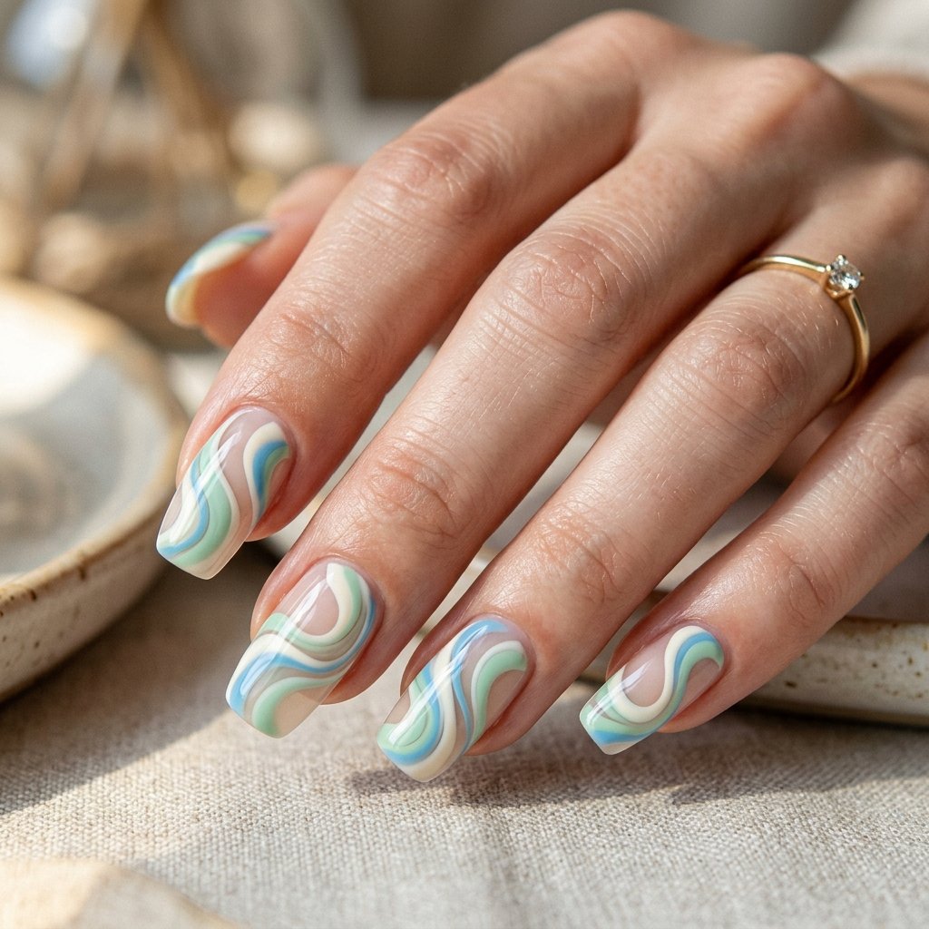 35 Stunning Light Blue Summer Nails Ideas for 2026 25 Swirling Pastel Blue Nails