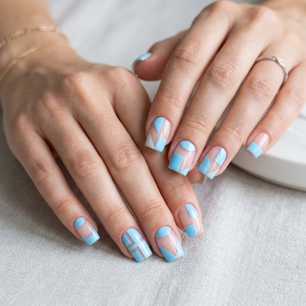 35 Stunning Light Blue Summer Nails Ideas for 2026 19 Negative Space Blue Geometry