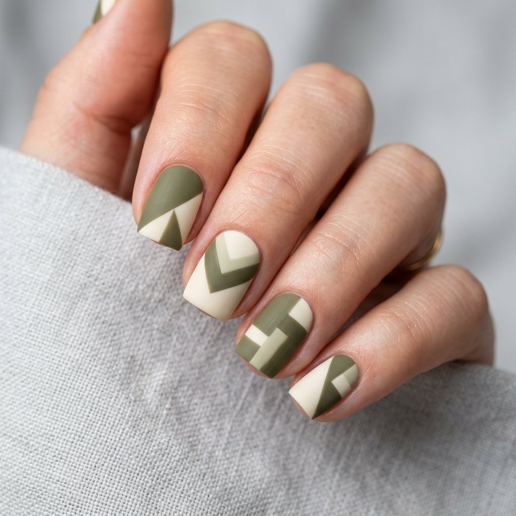 September Nails Art: 30 Elegant Early Autumn Looks 24 Khaki Uniform Geometric Patches