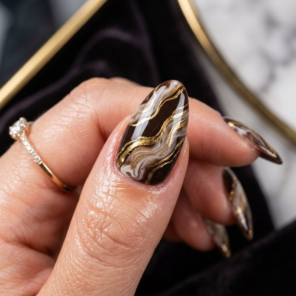 September Nails Art: 30 Elegant Early Autumn Looks 31 Gilded Espresso Marble Waves