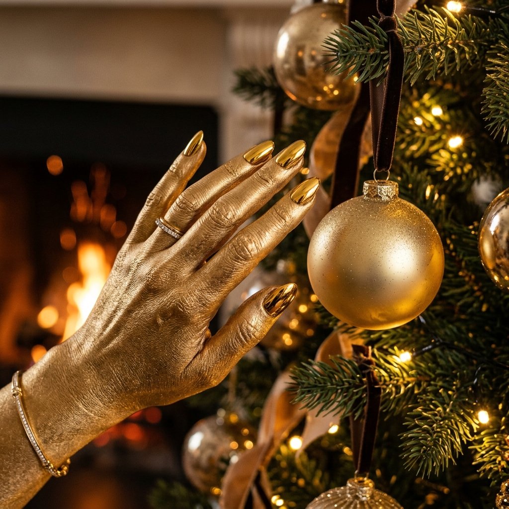 35 Gorgeous Chrome Christmas Nails Ideas to Try Now 6 Classic Gold Bauble Glow