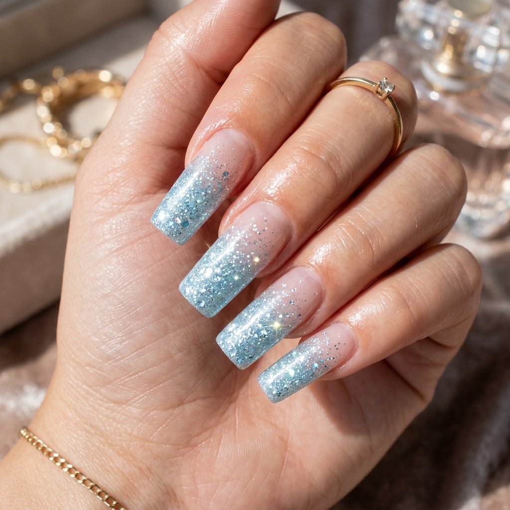 35 Stunning Light Blue Summer Nails Ideas for 2026 10 Glitter Ombre Summer Nails