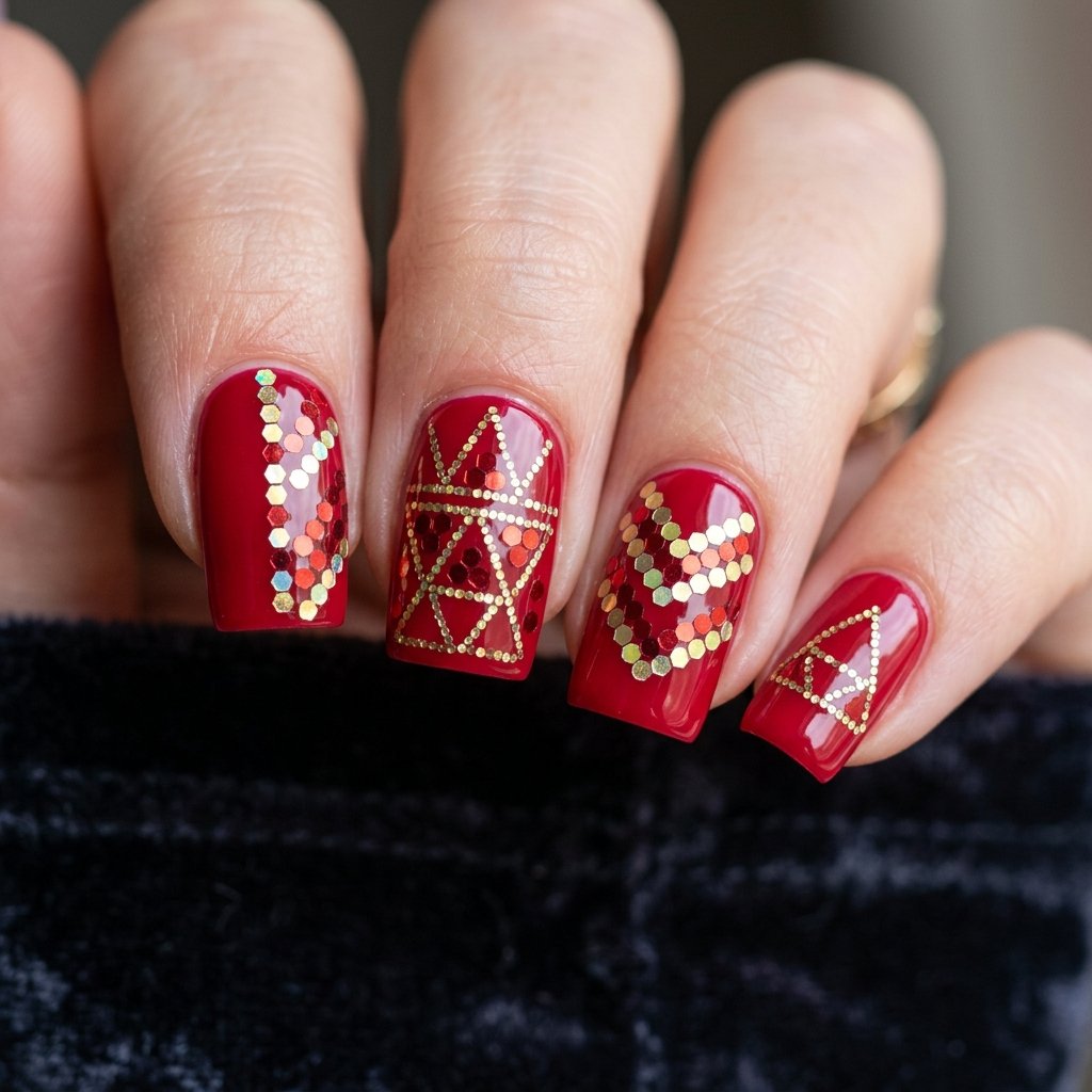 35 Stunning Red Sparkly Nails Ideas to Try for Pure Glamour 25 Ruby Red Geometric Glitter Placement