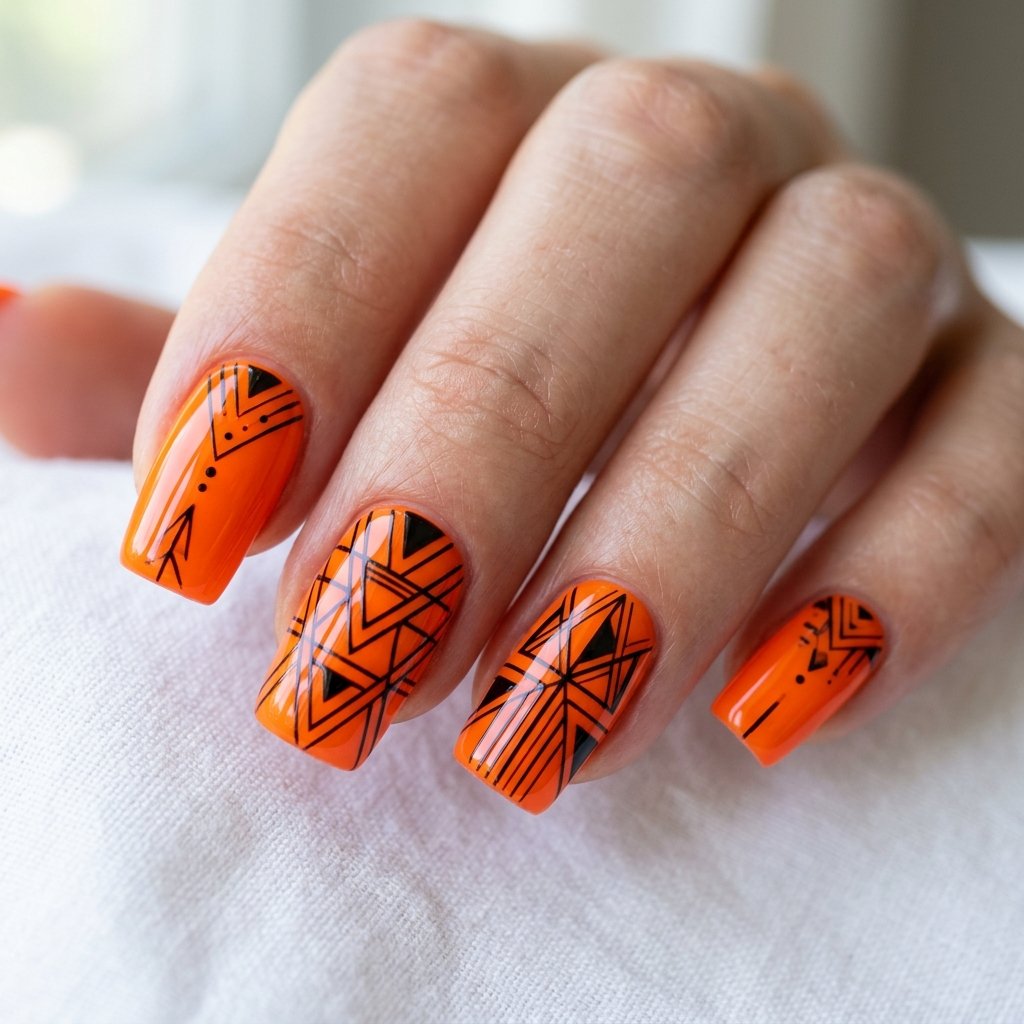 Glossy Orange Nails with Black Accents