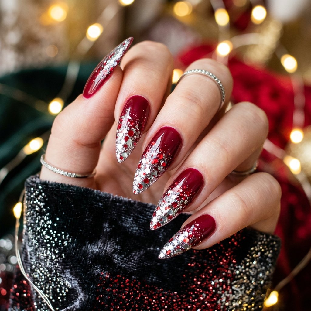 35 Stunning Red Sparkly Nails Ideas to Try for Pure Glamour 34 Sangria Red Chunkier Glitter Gradient