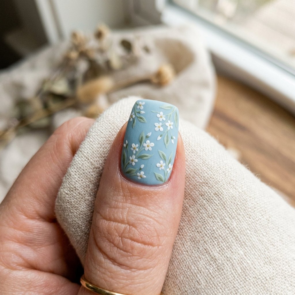 35 Stunning Light Blue Summer Nails Ideas for 2026 33 Matte Pastel Blue Florals