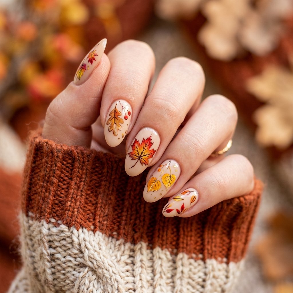 35 Best Thanksgiving Nails Ideas You Need to Try This Year 2026 3 Fall Leaf Nail Art Ideas