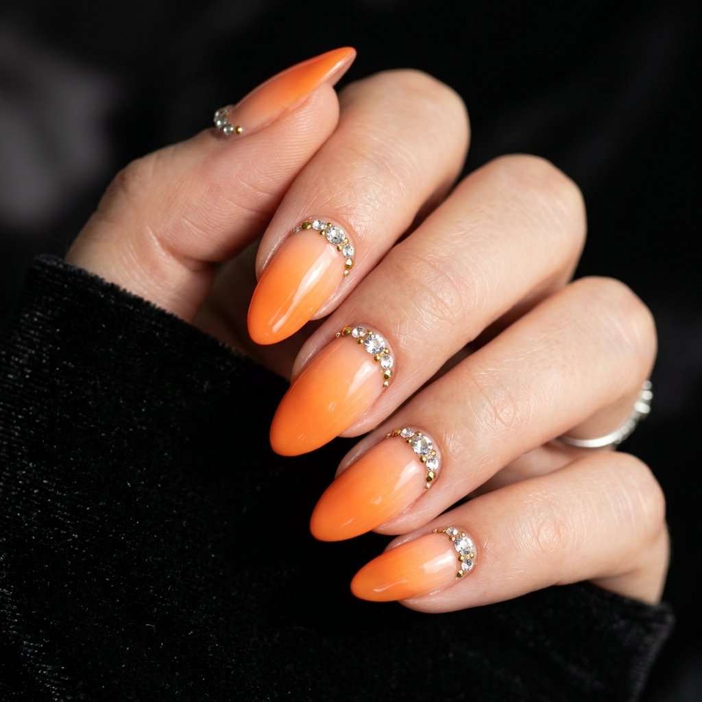 34 Best Orange Ombre Nails Ideas for Every Skin Tone & Season 2026 30 Orange Ombre Nails with Rhinestones Ideas