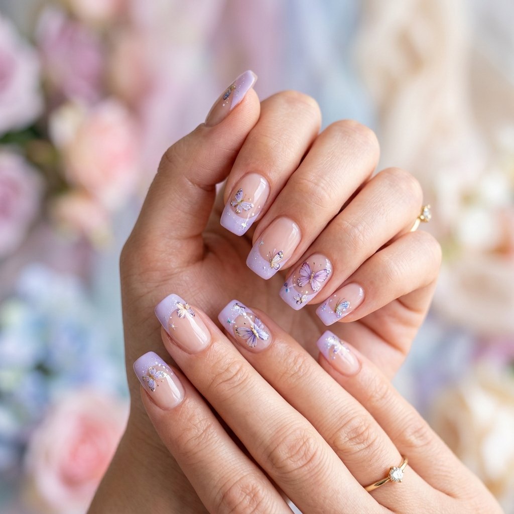 34 Fresh Purple French Tip Nails Ideas You Have Not Seen Before 32 Purple French Tip Nails with Butterflies Ideas