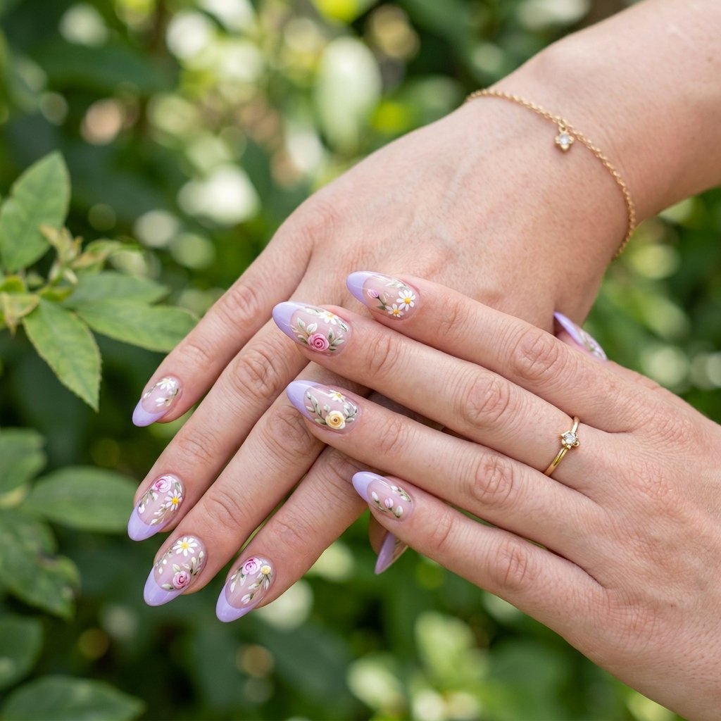 34 Fresh Purple French Tip Nails Ideas You Have Not Seen Before 23 Purple French Tip Nails with Floral Design Ideas