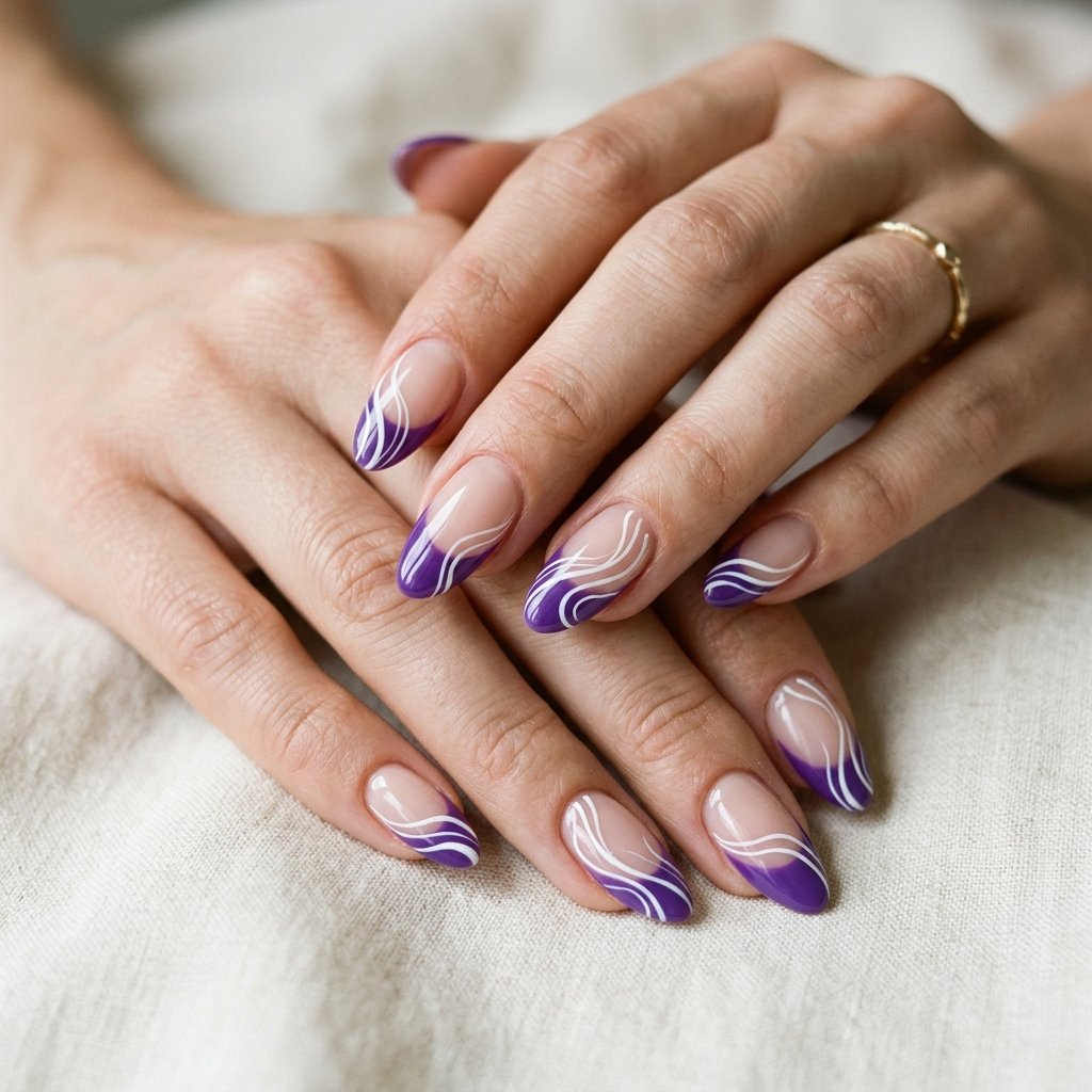34 Fresh Purple French Tip Nails Ideas You Have Not Seen Before 27 Purple French Tip Nails with Swirl Design Ideas