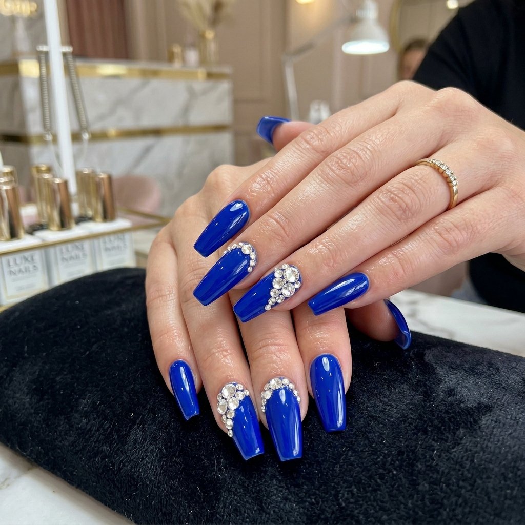 Royal Blue Coffin Nails with Rhinestones