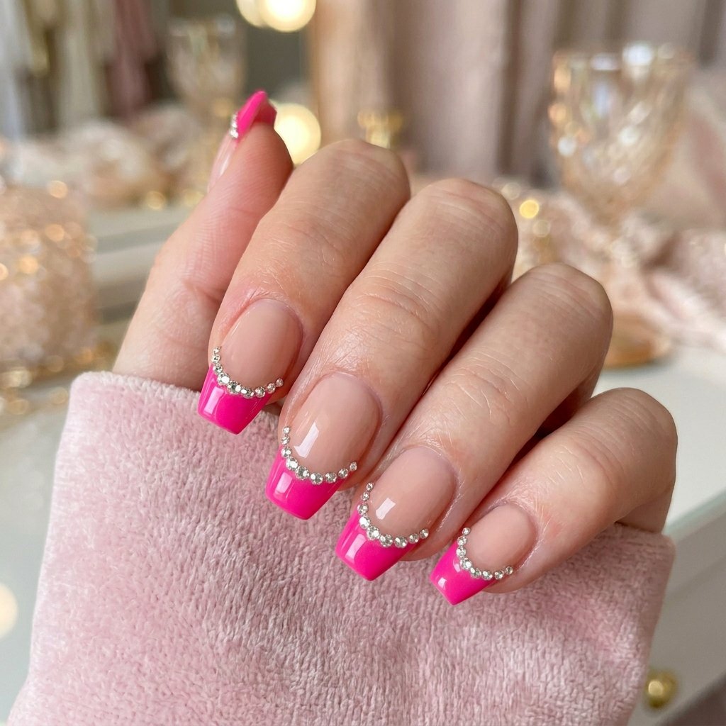 35 Best Hot Pink French Tip Nails – From Classic to Bold 17 Hot Pink French Tips With Rhinestones