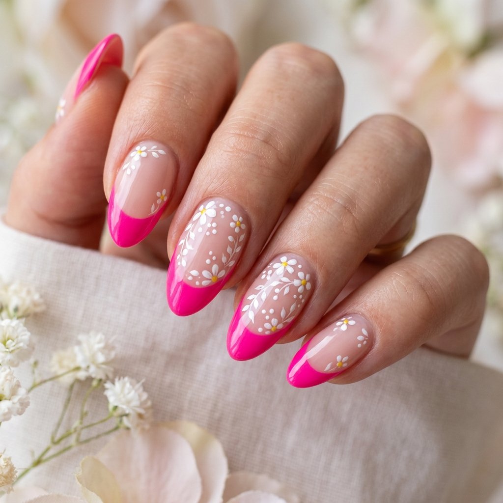 35 Best Hot Pink French Tip Nails – From Classic to Bold 18 Floral Hot Pink French Tip Nails