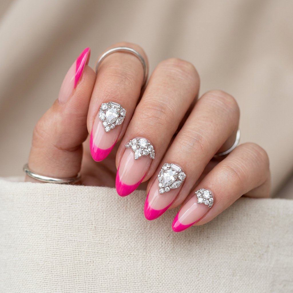 35 Best Hot Pink French Tip Nails – From Classic to Bold 19 Hot Pink French Tips With Diamonds