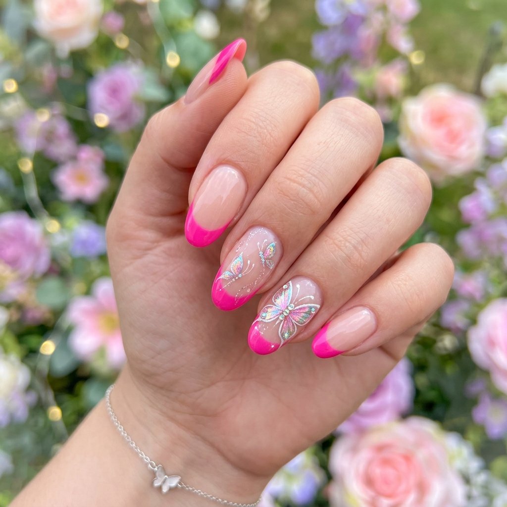 35 Best Hot Pink French Tip Nails – From Classic to Bold 22 Butterfly French Tip Nails Pink