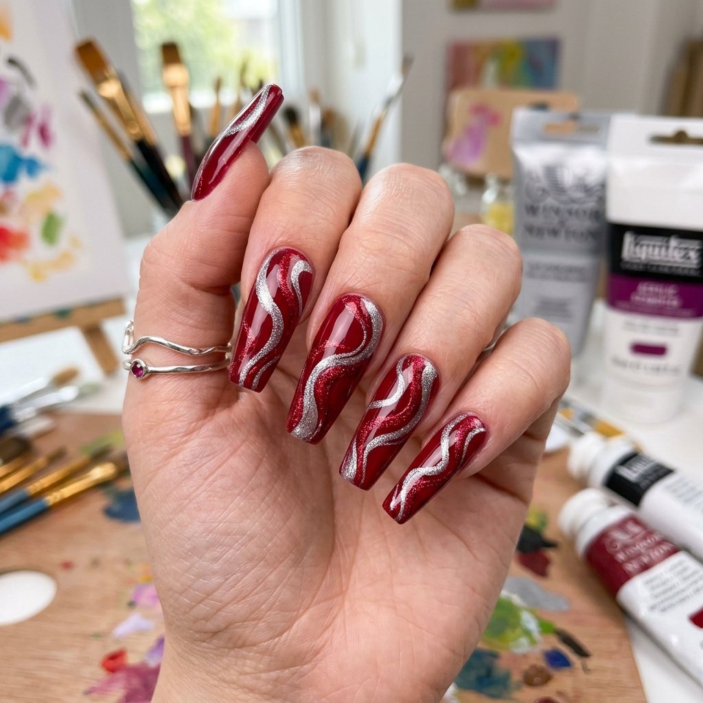 35 Stunning Red Sparkly Nails Ideas to Try for Pure Glamour 26 Crimson Wave Abstract Shimmer Lines