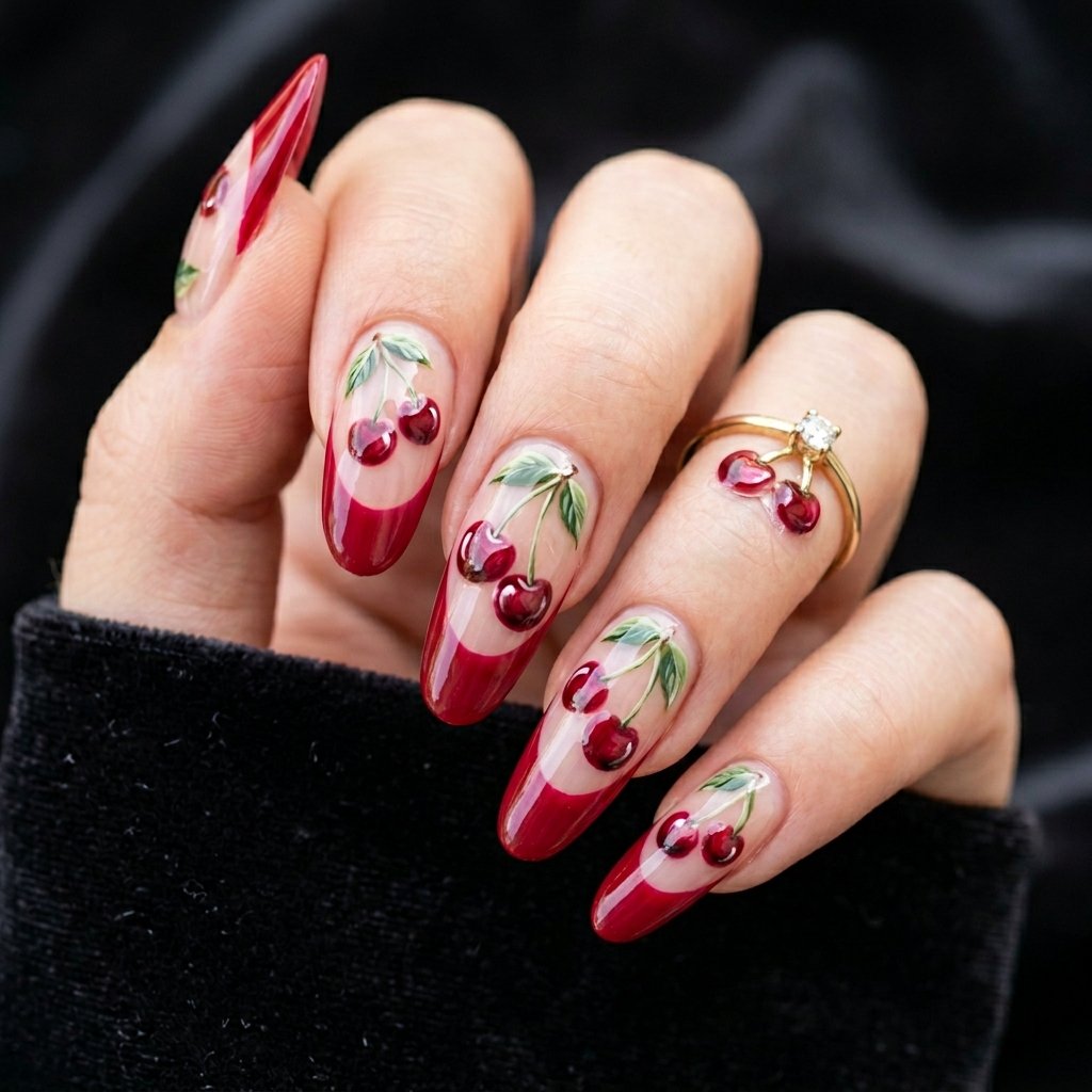 35 Cherry French Tip Nails Ideas You'll Want to Copy Right Now 26 Long Nail Cherry Tips