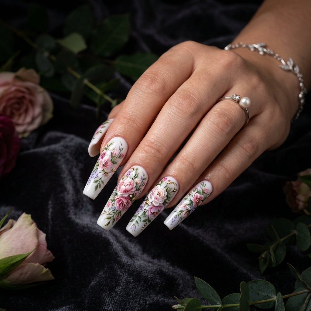 35 White Nails with Flowers: Simple to Stunning Ideas for 2026 14 Long White Nails with Floral Art