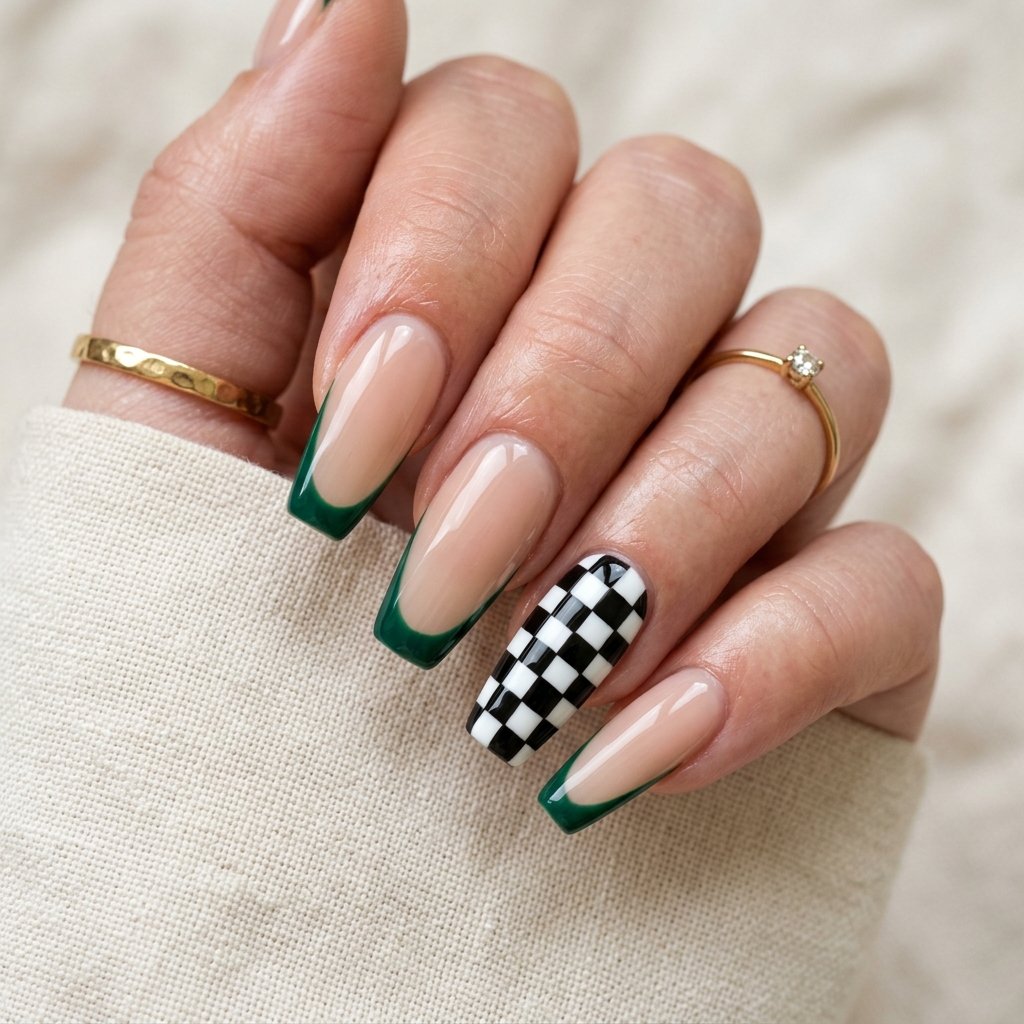 Checkerboard Dark Green French Tip Nails Ideas