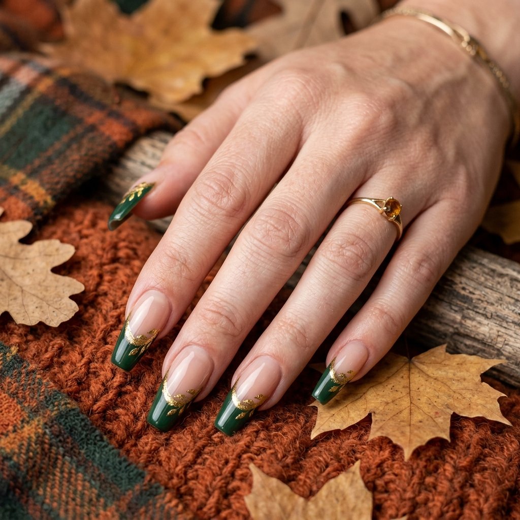 Fall Dark Green French Tip Nails Ideas