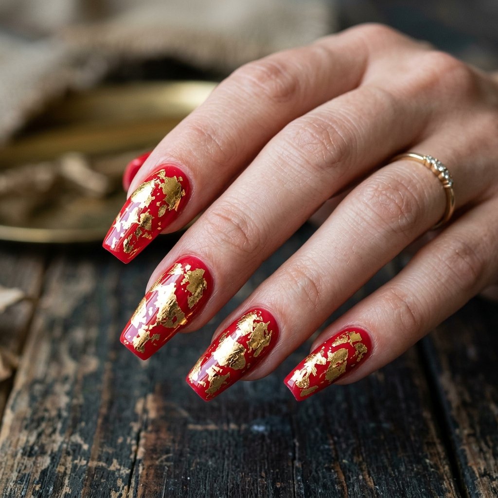 35 Stunning Red Sparkly Nails Ideas to Try for Pure Glamour 17 Strawberry Red Foil Flake Overlay
