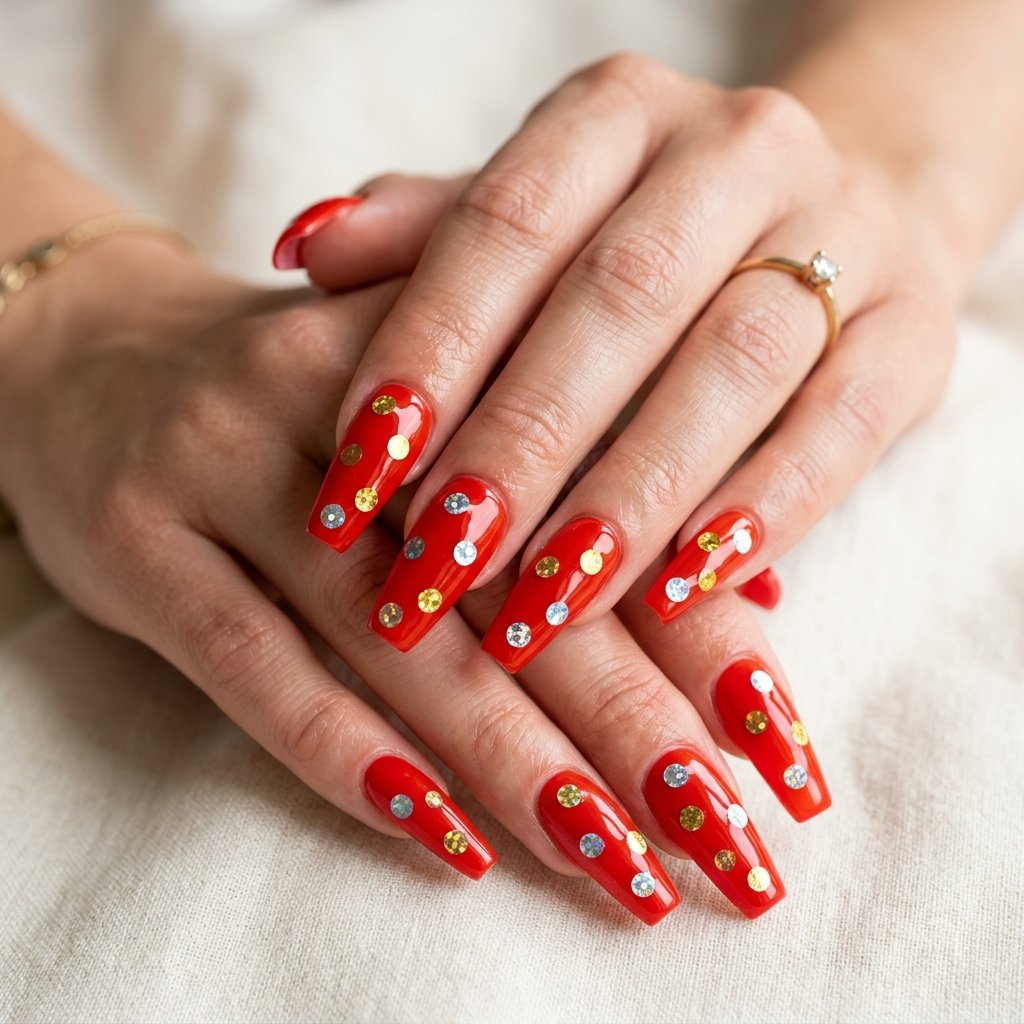 35 Stunning Red Sparkly Nails Ideas to Try for Pure Glamour 5 Scarlet Chunky Sequin Accents