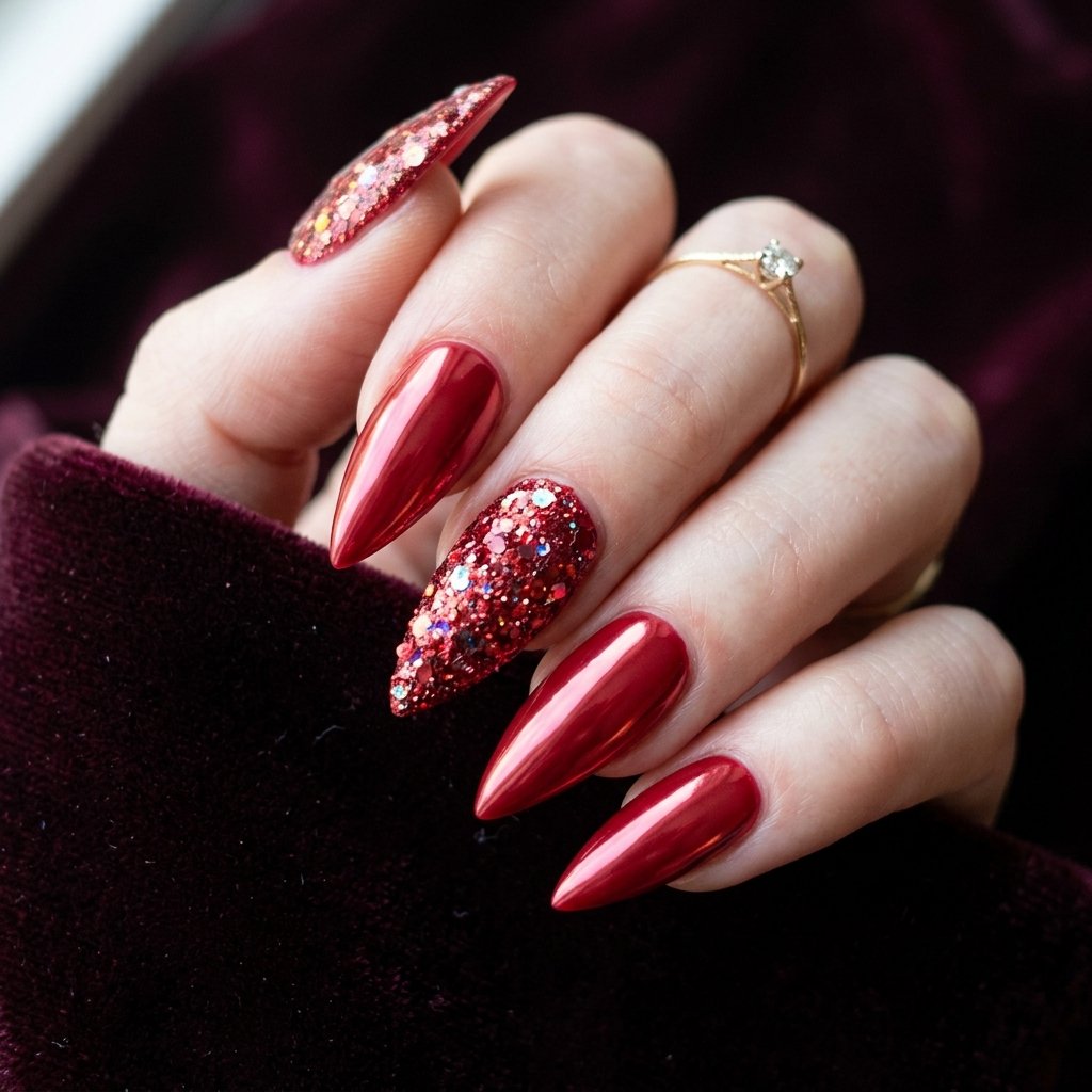 35 Stunning Red Sparkly Nails Ideas to Try for Pure Glamour 33 Metallic Red Chrome and Glitter Blend