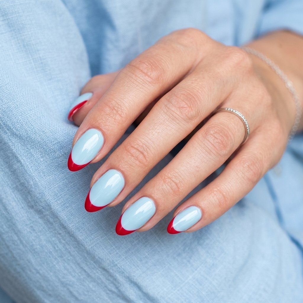 35 Cherry French Tip Nails Ideas You'll Want to Copy Right Now 11 Ice Blue Base With Cherry Tips