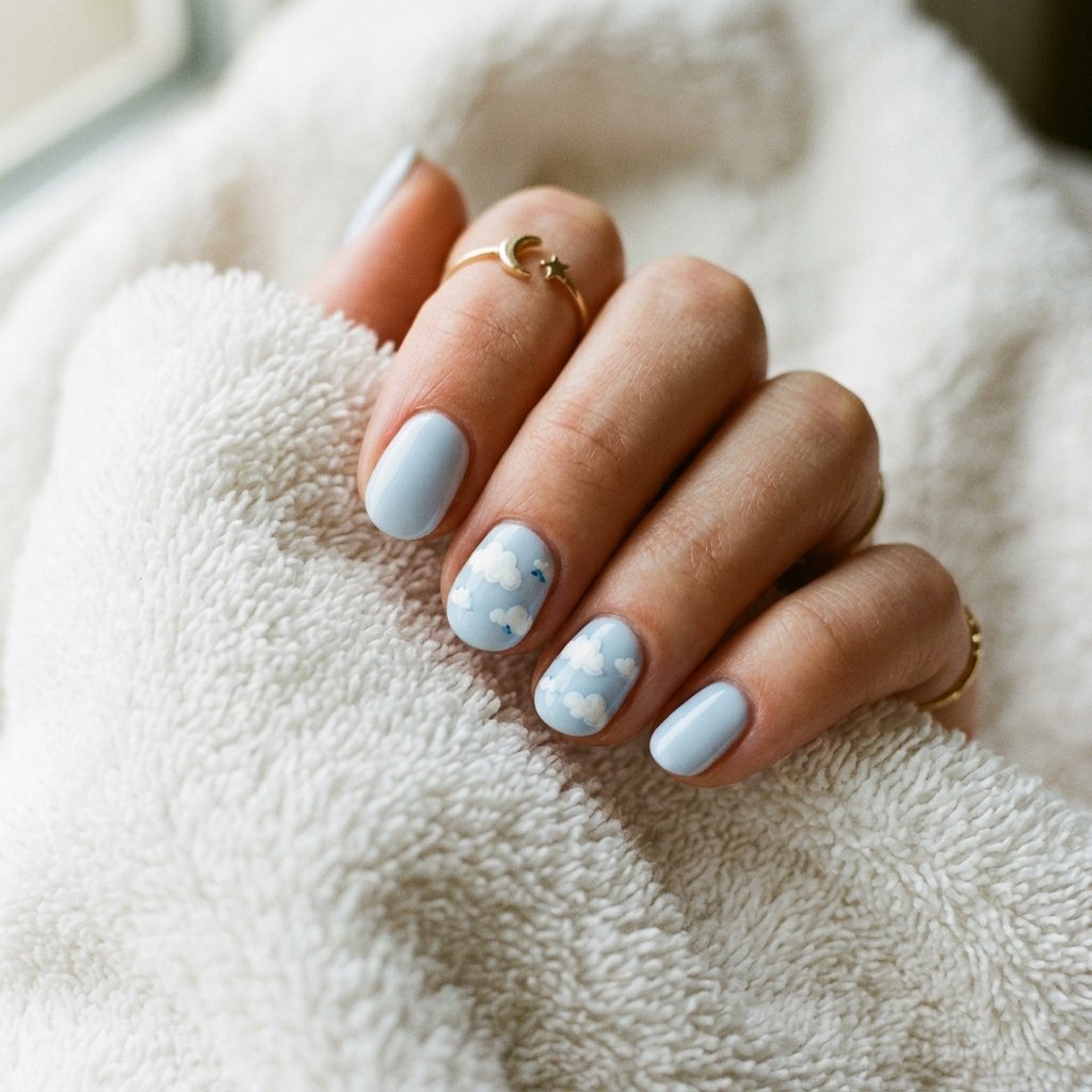 35 Stunning Light Blue Summer Nails Ideas for 2026 7 Cloud Pattern Accent Nails