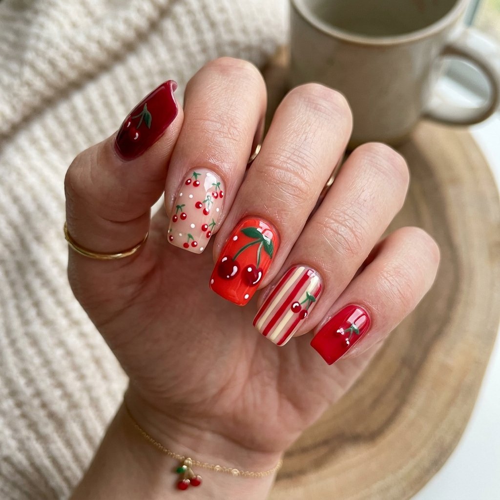 35 Cherry French Tip Nails Ideas You'll Want to Copy Right Now 27 Mismatched Cherry Tips