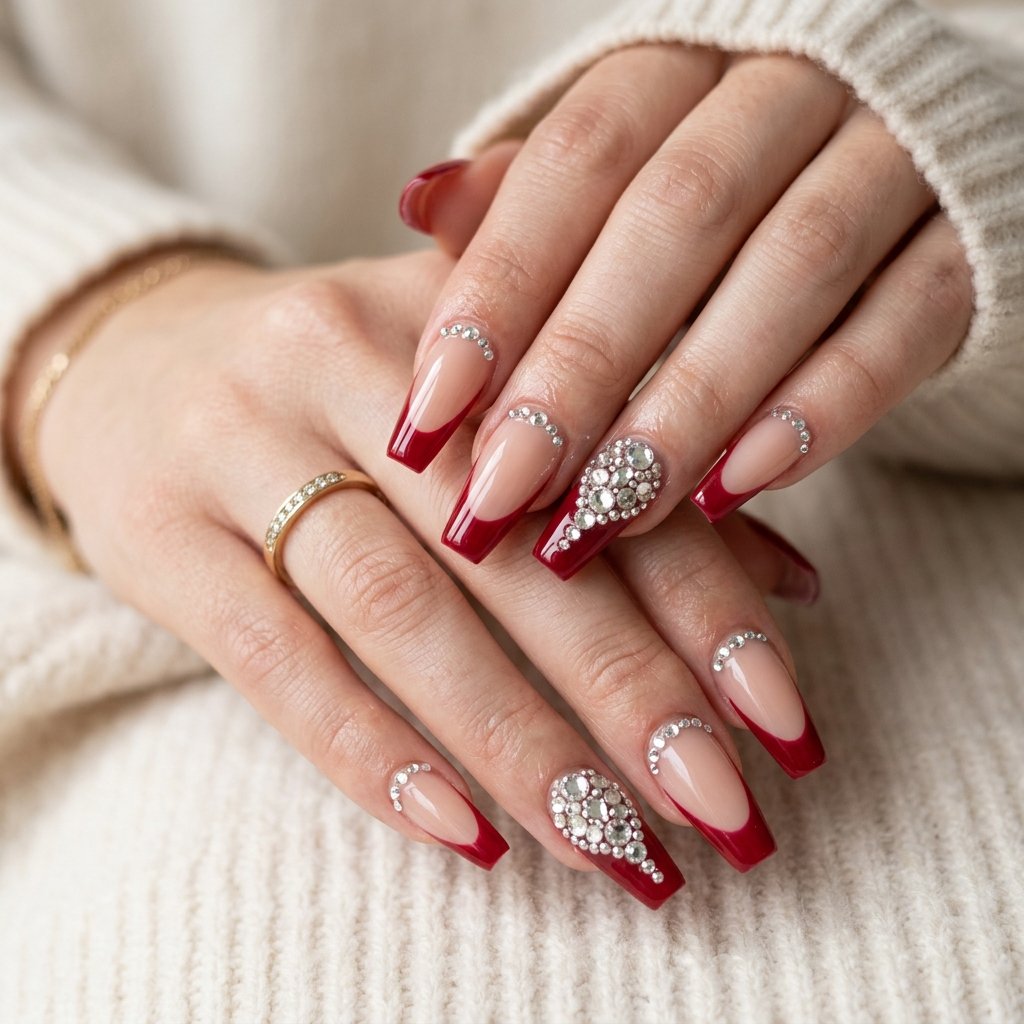 35 Cherry French Tip Nails Ideas You'll Want to Copy Right Now 29 Rhinestone Cherry Tips