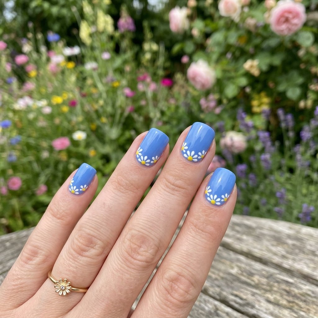 35 Stunning Light Blue Summer Nails Ideas for 2026 14 Cornflower Blue Daisy Nails