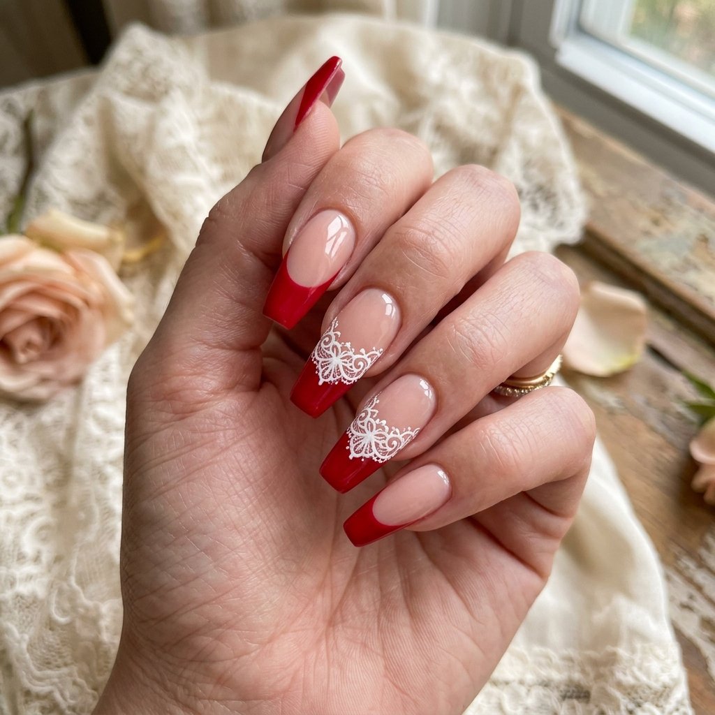 35 Cherry French Tip Nails Ideas You'll Want to Copy Right Now 20 Lace Print Cherry Tips