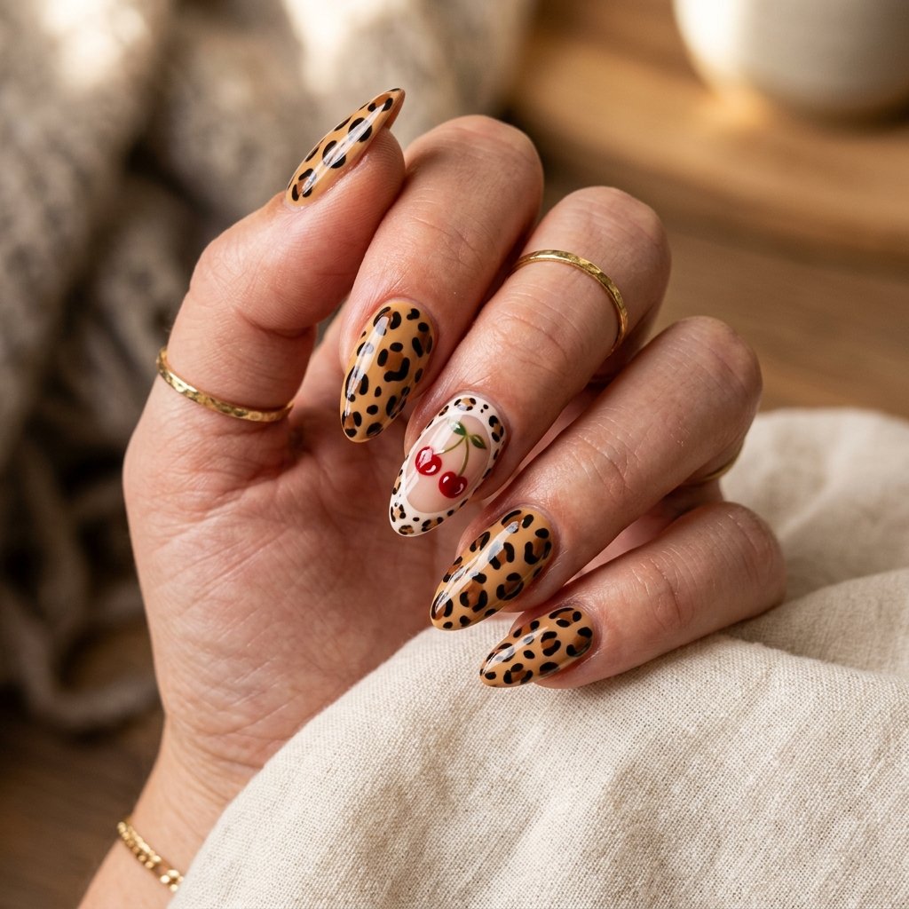 35 Cherry French Tip Nails Ideas You'll Want to Copy Right Now 16 Leopard Print With Cherry Accents