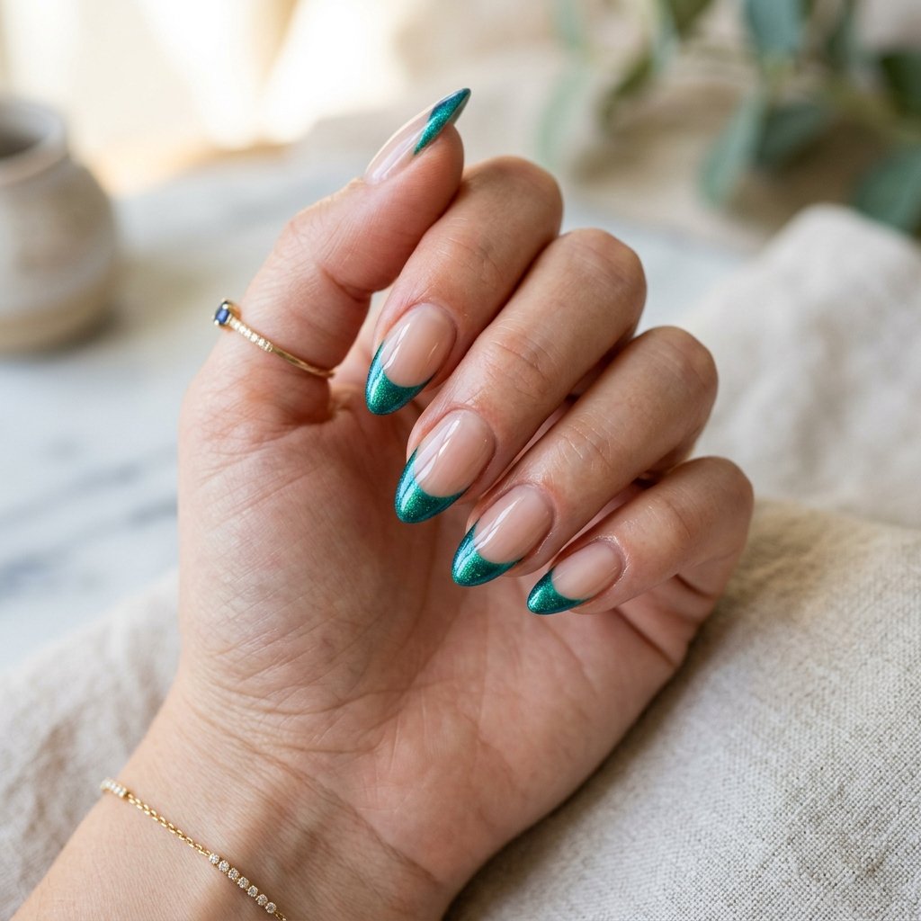 Peacock Green French Tip Nails Ideas