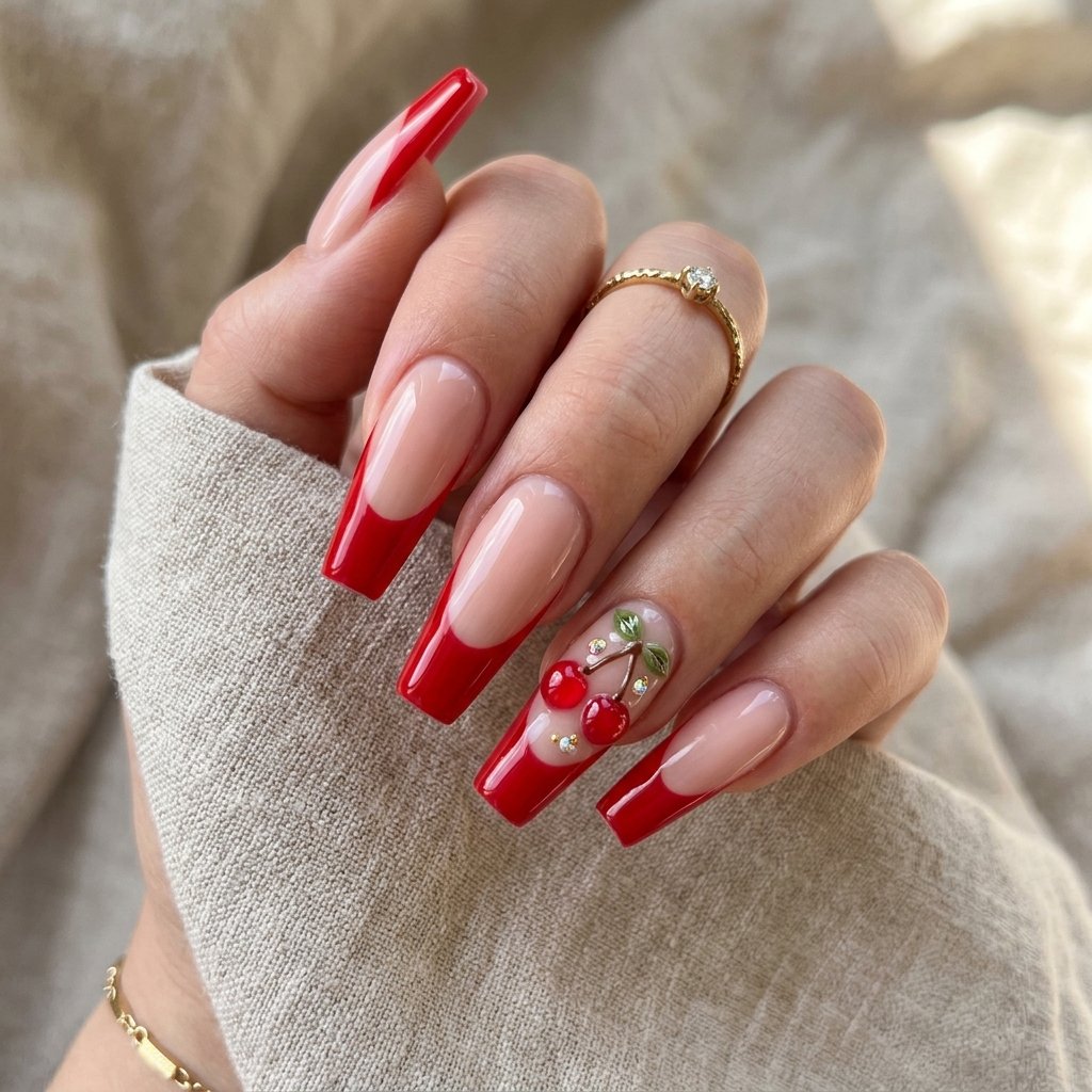 35 Cherry French Tip Nails Ideas You'll Want to Copy Right Now 23 Coffin Shape Cherry Tips