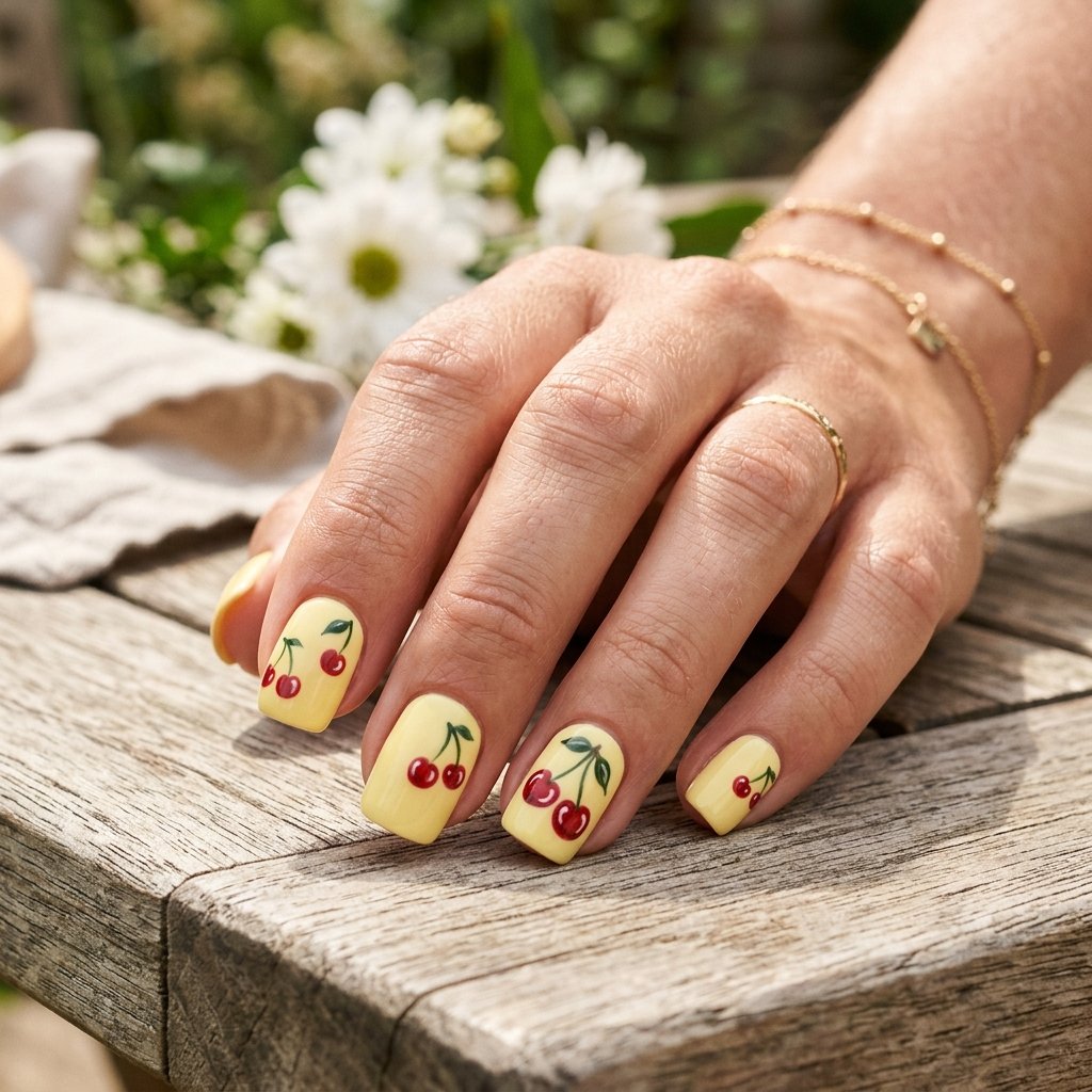 35 Cherry French Tip Nails Ideas You'll Want to Copy Right Now 12 Pastel Yellow With Cherry Accents