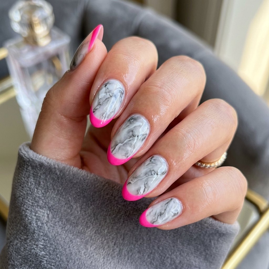 35 Best Hot Pink French Tip Nails – From Classic to Bold 20 Marble Hot Pink French Tip Nails