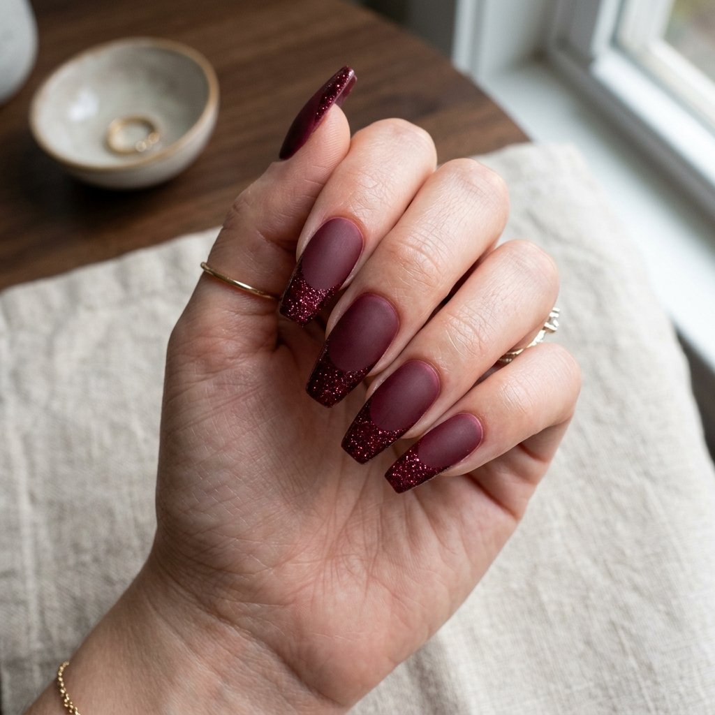 35 Stunning Red Sparkly Nails Ideas to Try for Pure Glamour 10 Matte Maroon with Glossy Sparkle Tips