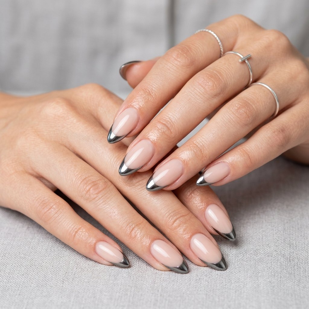 September Nails Art: 30 Elegant Early Autumn Looks 13 Metallic Gunmetal French Borders