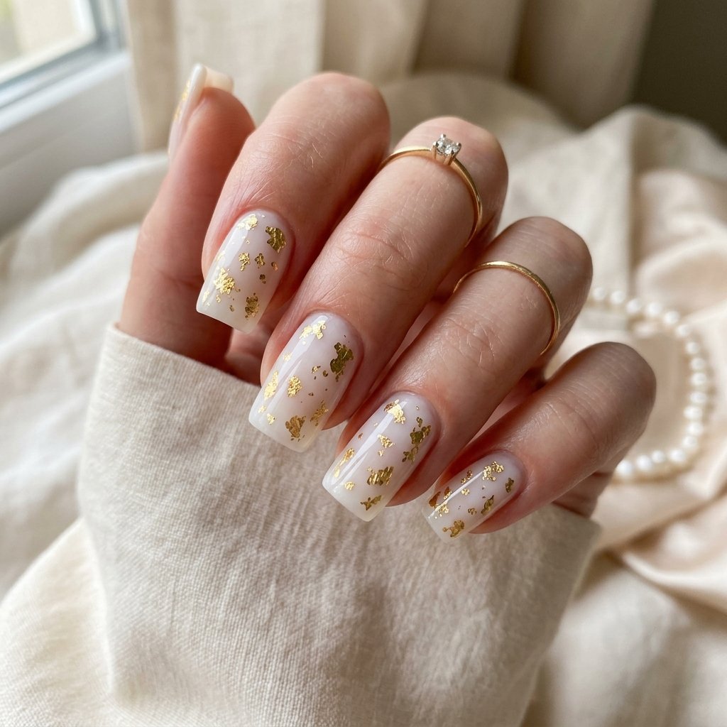 30 September Nails Ideas Perfect for Sweater Weather 22 Milky White Base With Gold Foil