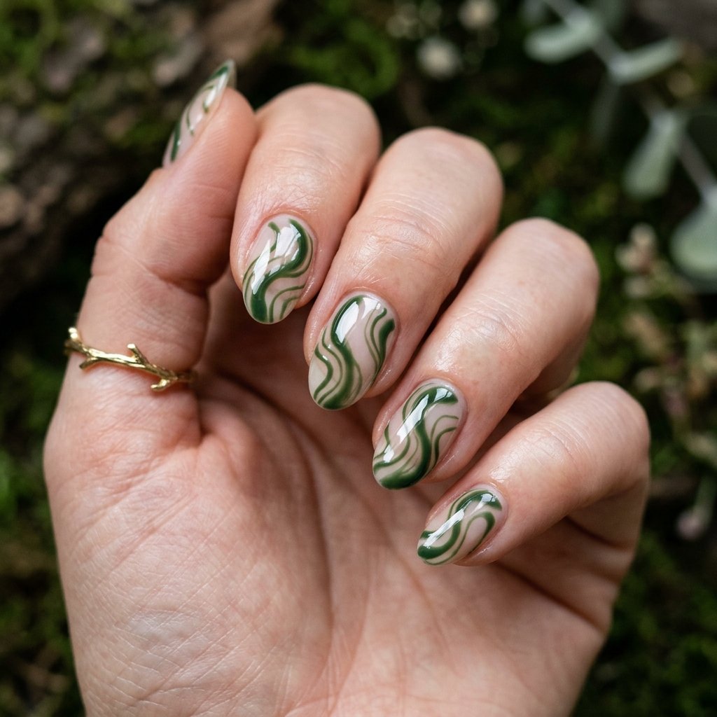 September Nails Art: 30 Elegant Early Autumn Looks 6 Forest Moss Abstract Waves