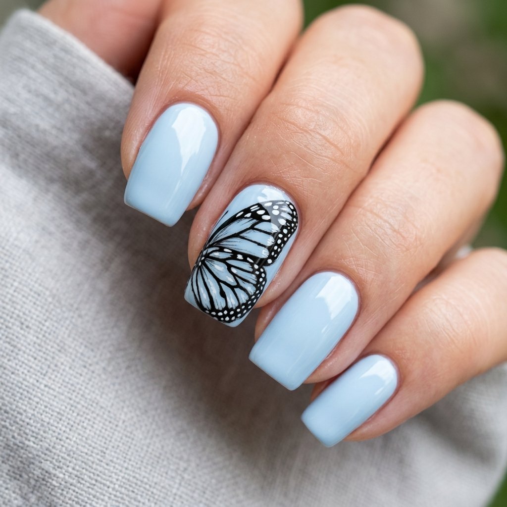 35 Stunning Light Blue Summer Nails Ideas for 2026 29 Butterfly Wing Blue Accent Nails