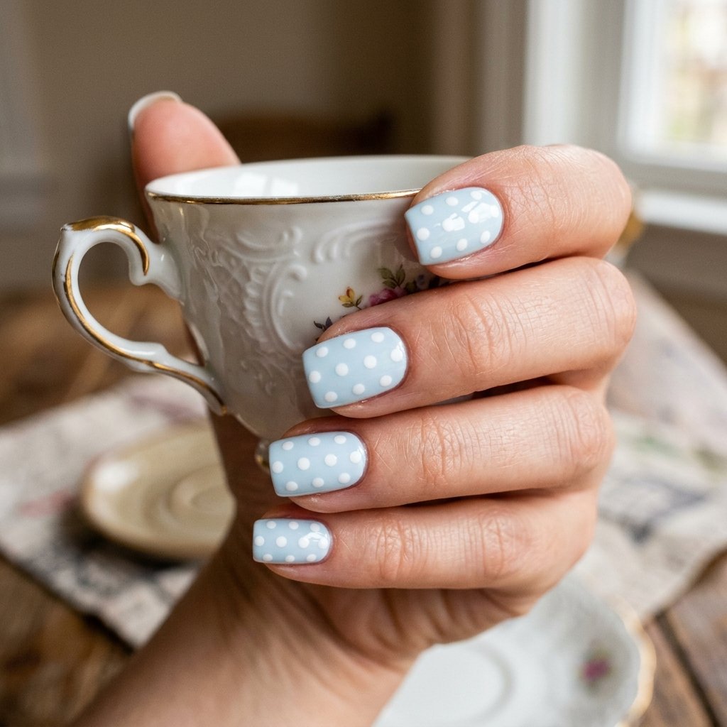35 Stunning Light Blue Summer Nails Ideas for 2026 24 Polka Dot Ice Blue Nails