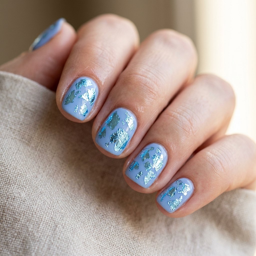 35 Stunning Light Blue Summer Nails Ideas for 2026 13 Metallic Light Blue Foil Accents