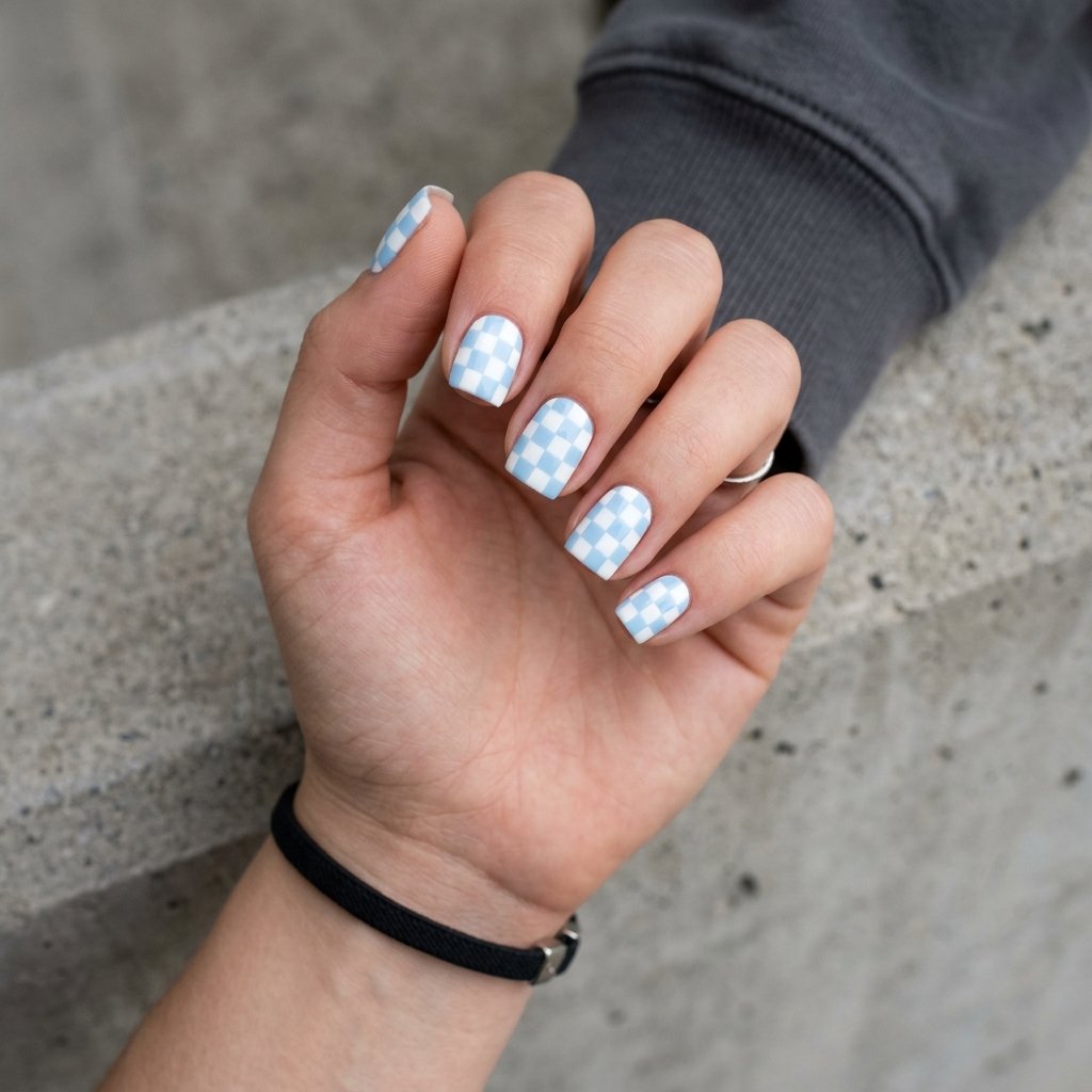 35 Stunning Light Blue Summer Nails Ideas for 2026 27 Blue Checkerboard Summer Nails