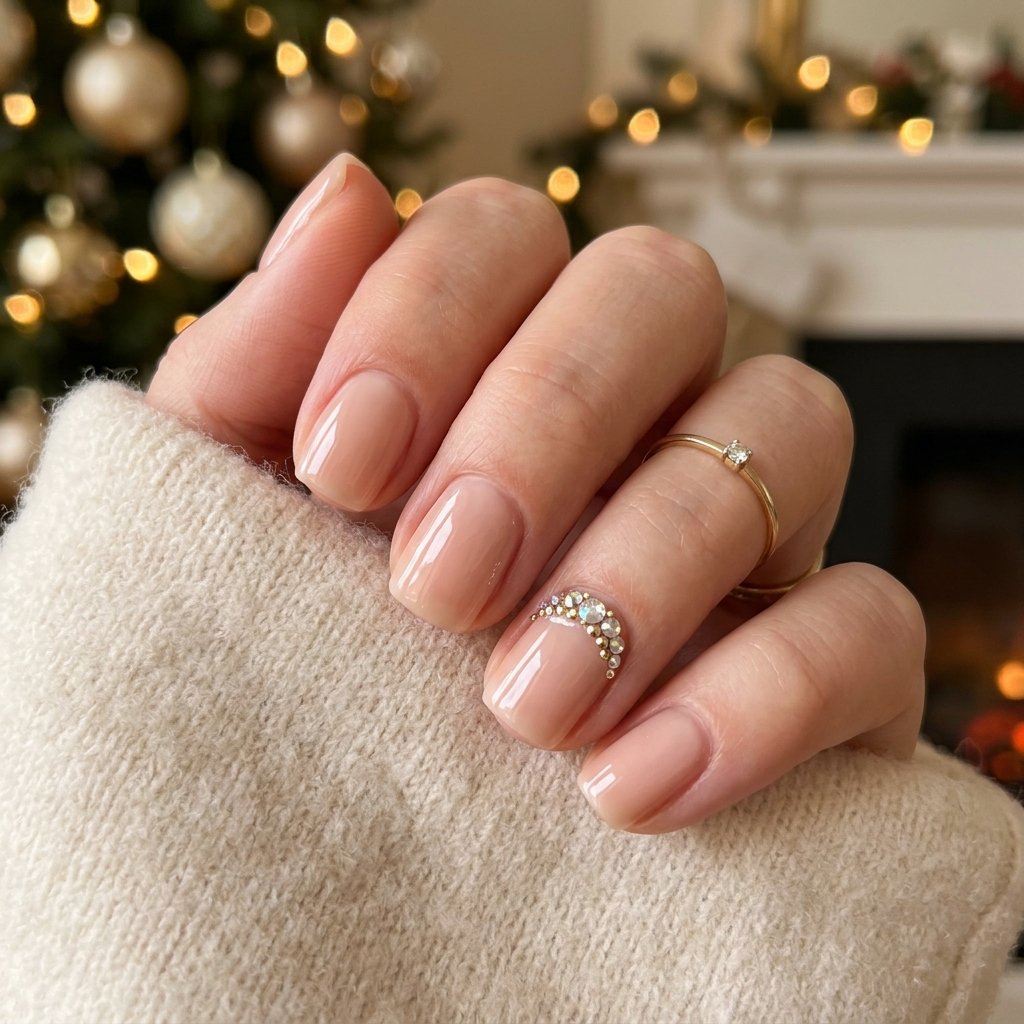 Nude Rhinestone Christmas Nail Ideas
